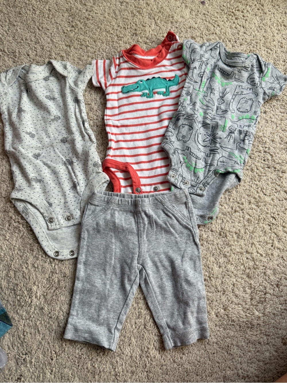Carter's Red & White Striped Bodysuit with Green Crocodile + Gray Set